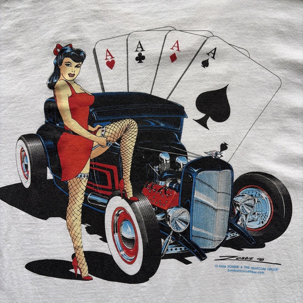 Vintage 1998 Zombie Hotrod Wear T Shirt Playing Card White 2XL Zombie Marcom